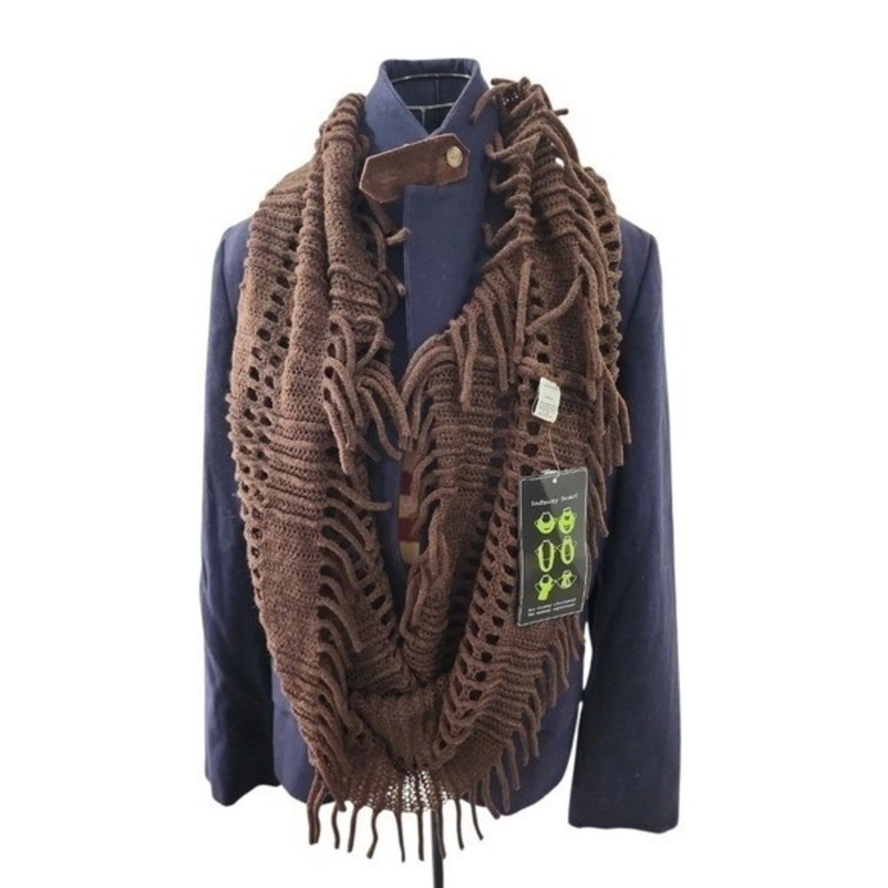Anna & Ava Infinity Scarf Womens OS Brown Fringe Open Knit Boho Cozy NWT